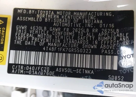 2016 Toyota Camry Le z USA, uszkodzony, nr VIN 4T4BF1FK7GR550323